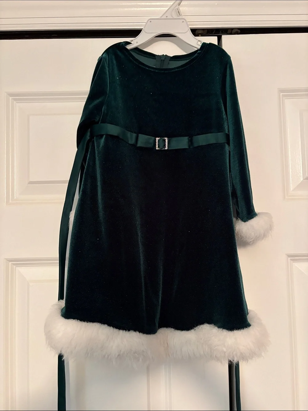 Girls Emerald Green Velvet Holiday Dress with Faux Fur Trim